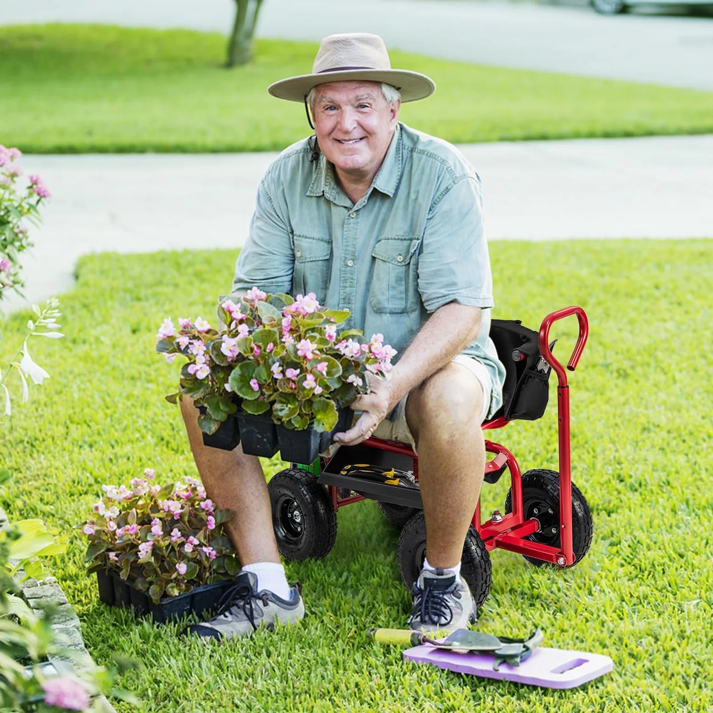 Goplus Garden Cart, Outdoor Rolling Garden Scooter W/Adjustable 360 Degree Swivel Seat